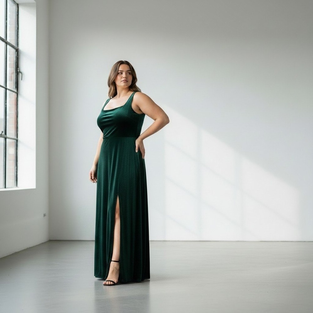 Jenny Yoo Emerald Green Velvet Square Neck Cowl Maxi Dress Plus Size 24 Formal